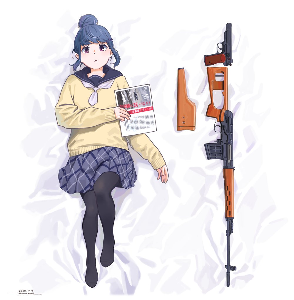 1girl assault_rifle bed_sheet black_legwear blue_hair blue_sailor_collar dakimakura dated gun hair_bun handgun horikou looking_at_viewer lying necktie no_shoes on_back pantyhose parted_lips pistol purple_skirt rifle sailor_collar school_uniform serafuku shima_rin signature skirt solo sweater violet_eyes weapon weapon_request white_neckwear yellow_sweater yurucamp