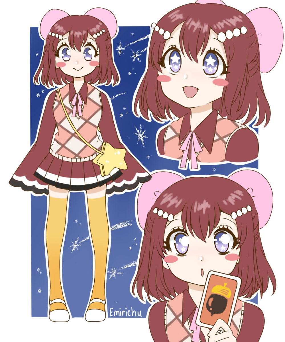 +_+ 1girl artist_name bag blue_eyes blush_stickers bow brown_hair card commentary emirichuyt english_commentary eyebrows_visible_through_hair full_body hair_between_eyes hair_bow handbag highres looking_at_viewer multiple_views open_mouth original shoes shooting_star short_hair skirt smile standing star_(symbol) thigh-highs very_long_sleeves watermark