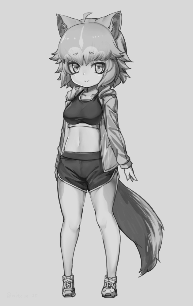 1girl animal_ears blush breasts closed_mouth dog_(mixed_breed)_(kemono_friends) dog_ears dog_tail eyebrows_visible_through_hair full_body greyscale kemono_friends large_breasts looking_at_viewer monochrome multicolored_hair navel nyifu shoes short_hair shorts smile sneakers solo sports_bra tail