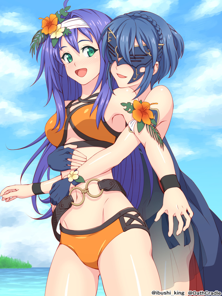 2girls bikini blue_gloves blue_hair blue_sky braid clouds crown_braid cute day fingerless_gloves fire_emblem fire_emblem:_akatsuki_no_megami fire_emblem:_kakusei fire_emblem:_radiant_dawn fire_emblem_10 fire_emblem_13 fire_emblem_awakening fire_emblem_heroes flower gloves green_eyes hair_flower hair_ornament hug hug_from_behind intelligent_systems long_hair lucina lucina_(fire_emblem) marth_(fire_emblem_awakening) mask mia_(fire_emblem) multiple_girls nintendo open_mouth orange_bikini outdoors rere_(yusuke) short_hair sky super_smash_bros. swimsuit twitter_username water