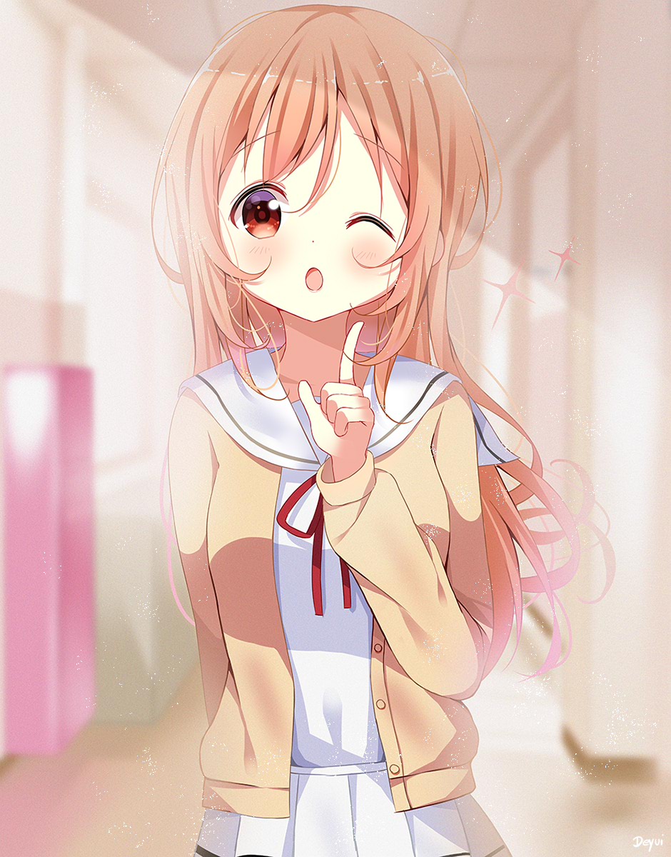1girl ;o bangs blurry blurry_background blush brown_cardigan brown_hair cardigan character_request commentary_request depth_of_field deyui eyebrows_visible_through_hair gochuumon_wa_usagi_desu_ka? hair_between_eyes hand_up highres index_finger_raised indoors long_hair long_sleeves looking_at_viewer neck_ribbon one_eye_closed open_cardigan open_clothes parted_lips pleated_skirt red_eyes red_ribbon ribbon sailor_collar school_uniform serafuku shirt skirt solo very_long_hair white_sailor_collar white_serafuku white_shirt white_skirt