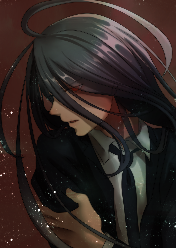 1boy bangs black_hair black_jacket black_neckwear brown_background collared_shirt dangan_ronpa eyebrows_visible_through_hair eyes_visible_through_hair hair_between_eyes jacket kamukura_izuru long_hair long_sleeves male_focus necktie open_clothes open_jacket red_eyes shiny shiny_hair shirt sketti solo spoilers super_dangan_ronpa_2 upper_body very_long_hair white_shirt wing_collar