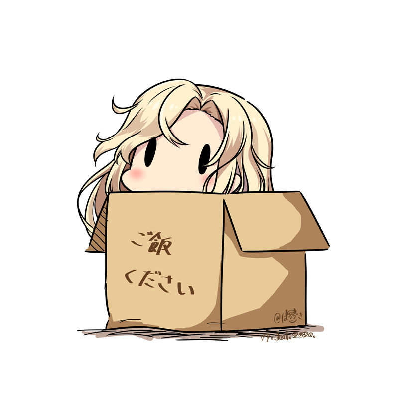 1girl blonde_hair box cardboard_box dated hatsuzuki_527 hornet_(kantai_collection) in_box in_container kantai_collection long_hair simple_background solid_oval_eyes solo translation_request twitter_username white_background