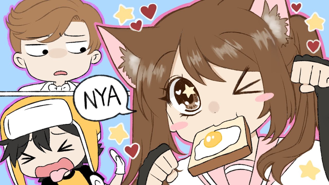 1girl 2boys animal_ears black_hair blue_background blush_stickers bread brown_hair cat_ears cat_girl closed_eyes commentary connor_(character) daidus_(character) egg emirichu_(character) emirichuyt english_commentary english_text eyebrows_visible_through_hair eyes_visible_through_hair food gloves hair_between_eyes hat heart long_hair looking_at_viewer multiple_boys one_eye_closed open_mouth paw_pose real_life scrambled_egg simple_background speech_bubble star_(symbol) tongue tongue_out twintails upper_body