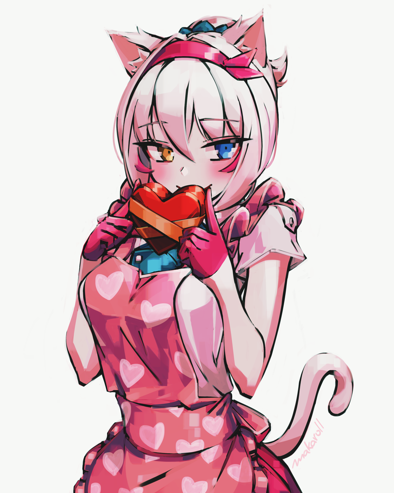 1girl allen_(makaroll) animal_ear_fluff animal_ears apron artist_name bangs blue_eyes blue_neckwear blue_scrunchie blush box box_of_chocolates cat_ears closed_mouth commentary frilled_apron frills gloves hair_between_eyes hairband half_gloves hands_up heart heart-shaped_box heart_print heterochromia highlights looking_at_viewer moca_(makaroll) multicolored_hair necktie original pink_apron pink_gloves pink_hair pink_hairband scrunchie shirt short_hair short_ponytail short_sleeves simple_background smile solo tail tied_hair upper_body white_background white_hair white_shirt yellow_eyes