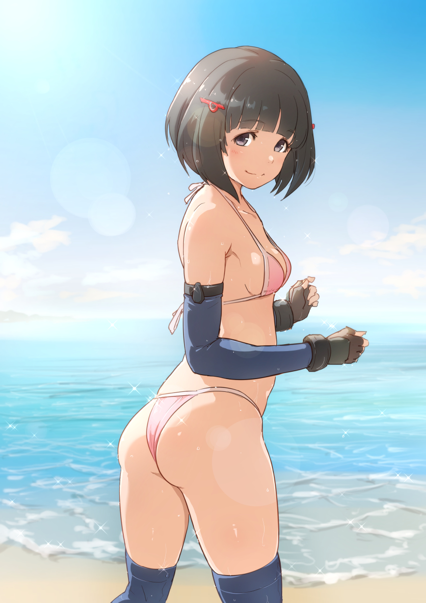 1girl ass bangs bare_shoulders beach bikini black_eyes black_hair blue_legwear blue_sky blunt_bangs blush breasts brown_gloves closed_mouth clouds collarbone commentary_request day elbow_gloves eyebrows_visible_through_hair fingerless_gloves from_behind gloves hair_ornament hairclip highres horizon kiikii_(kitsukedokoro) lens_flare lin_lee_koo looking_at_viewer looking_back ocean outdoors pink_bikini sky small_breasts smile solo sparkle sunlight swimsuit thigh-highs water xenoblade_(series) xenoblade_x