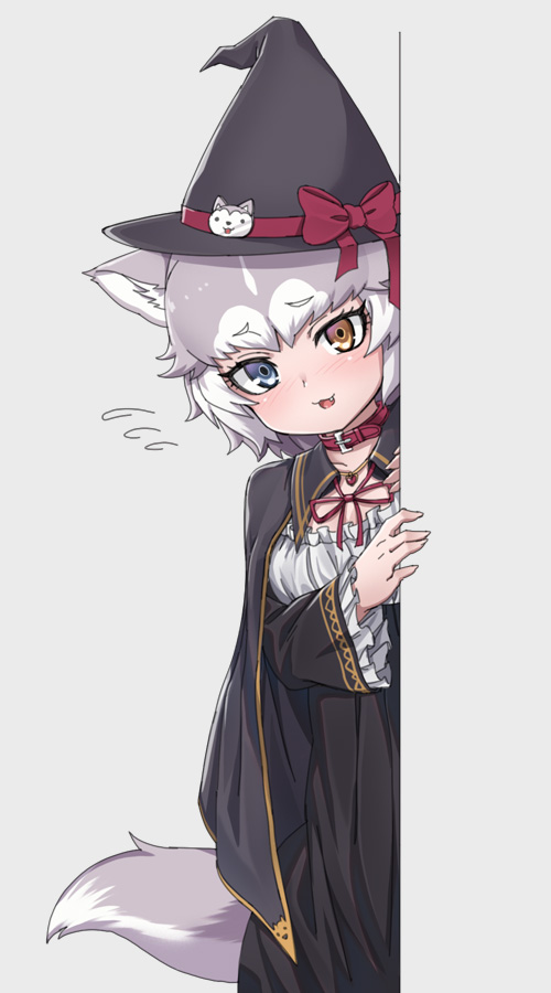 1girl :3 alternate_costume animal_ears around_corner black_cape black_dress blue_eyes blush bow cape collar dog_(mixed_breed)_(kemono_friends) dog_ears dog_tail dress eyebrows_visible_through_hair fang flying_sweatdrops frilled_sleeves frills grey_hair halloween_costume hat hat_bow heart heart_necklace heterochromia jewelry kemono_friends long_sleeves multicolored_hair neck_ribbon necklace nyifu open_mouth red_bow red_collar red_neckwear ribbon short_hair solo tail white_hair witch_costume witch_hat yellow_eyes