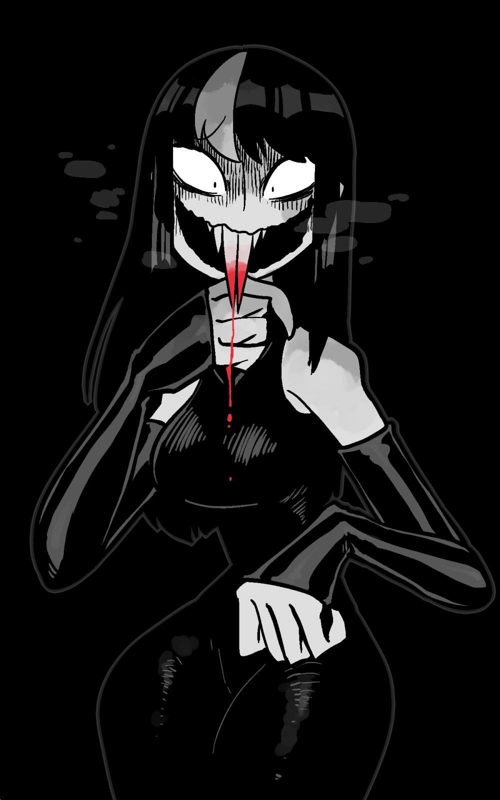 1girl :d bare_shoulders black_background black_dress blood blood_from_mouth breasts buck_teeth cowboy_shot dark detached_sleeves dress evil_grin evil_smile grin highres large_breasts long_dress long_hair long_sleeves looking_at_viewer multicolored_hair noss_(rariatto) open_mouth original rariatto_(ganguri) sanpaku simple_background smile solo standing streaked_hair