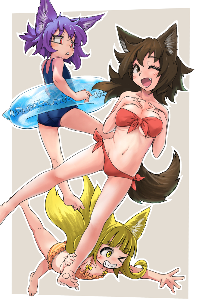 &gt;_o 3girls :d barefoot bikini blonde_hair blue_swimsuit blush border breasts brown_eyes brown_hair dog_child_(doitsuken) dog_girl_(doitsuken) dog_tail doitsuken fang fox_child_(doitsuken) fox_tail grey_background grin hands_up innertube looking_at_viewer medium_breasts multiple_girls multiple_tails one-piece_swimsuit one_eye_closed open_mouth orange_bikini original parted_lips purple_hair red_bikini red_eyes simple_background slit_pupils smile swimsuit tail thick_eyebrows two_tails white_border yellow_eyes