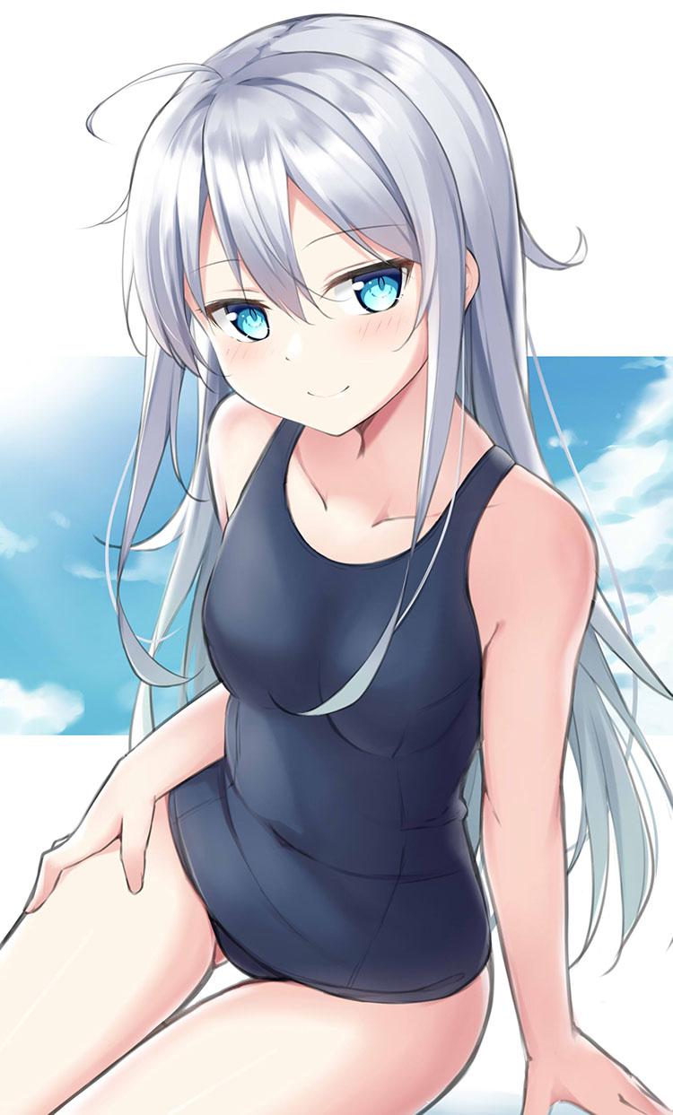 1girl ass_visible_through_thighs bangs bare_shoulders blue_eyes blue_sky blue_swimsuit blush breasts clouds collarbone commentary_request covered_navel eyebrows_visible_through_hair hair_between_eyes hibiki_(kantai_collection) highres kantai_collection kohakope long_hair looking_at_viewer old_school_swimsuit one-piece_swimsuit revision school_swimsuit silver_hair sitting sky small_breasts smile solo swimsuit