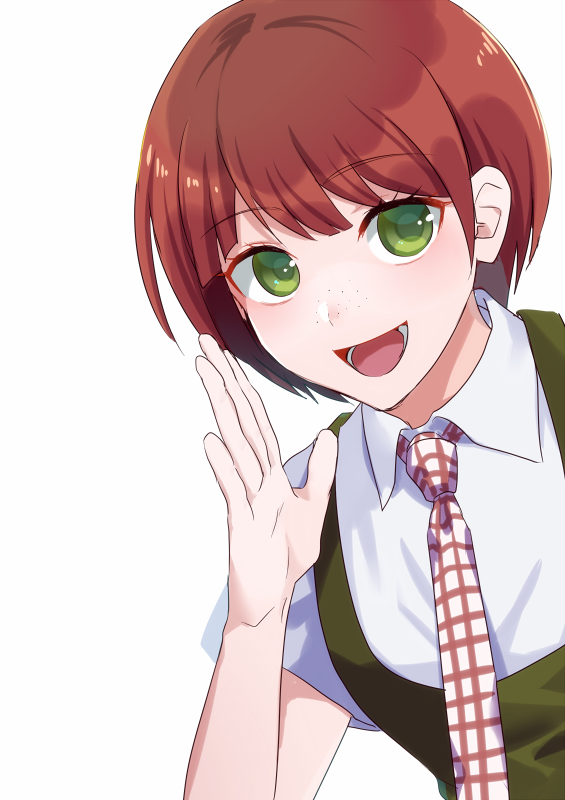 1girl :d bangs collared_shirt dangan_ronpa eyebrows_visible_through_hair green_eyes koizumi_mahiru looking_at_viewer necktie open_mouth redhead shiny shiny_hair shirt short_hair short_sleeves simple_background sketti smile solo super_dangan_ronpa_2 upper_body white_background white_shirt wing_collar