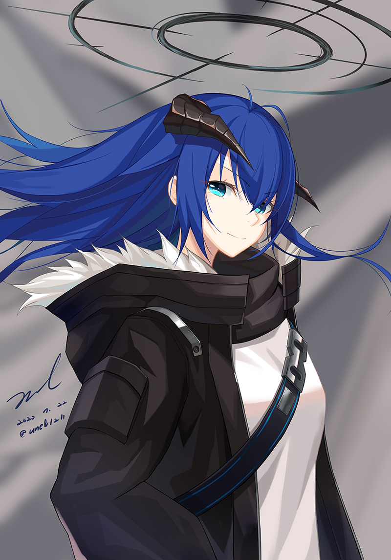 1girl arknights black_jacket blue_eyes blue_hair breasts closed_mouth floating_hair halo hood hood_down hooded_jacket horns jacket long_hair long_sleeves looking_at_viewer mostima_(arknights) open_clothes open_jacket shirt sidelocks signature small_breasts smile solo strap unel upper_body white_shirt