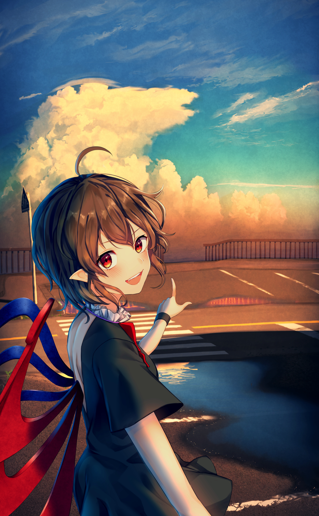 1girl ahoge armband backless_outfit black_dress blue_sky blue_wings brown_hair clouds cloudy_sky collar crosswalk cumulonimbus_cloud dress eyebrows_visible_through_hair fang frilled_collar frills highres houjuu_nue kisamu_(ksmz) looking_at_viewer multicolored multicolored_wings outdoors pointing pointy_ears puddle railing red_eyes red_neckwear red_wings reflective_water road_sign short_hair short_sleeves sign sky solo touhou wings