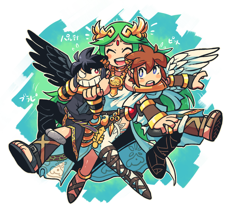 1girl 2boys :d ^_^ angel_wings black_hair black_wings bracer bright_pupils brown_hair circlet closed_eyes dark_pit dress feathered_wings green_hair kid_icarus long_hair multiple_boys notice_lines open_mouth palutena pit_(kid_icarus) rariatto_(ganguri) red_eyes round_teeth shoes single_thighhigh smile teeth thigh-highs tiara upper_teeth very_long_hair violet_eyes white_dress white_legwear white_pupils white_wings wings