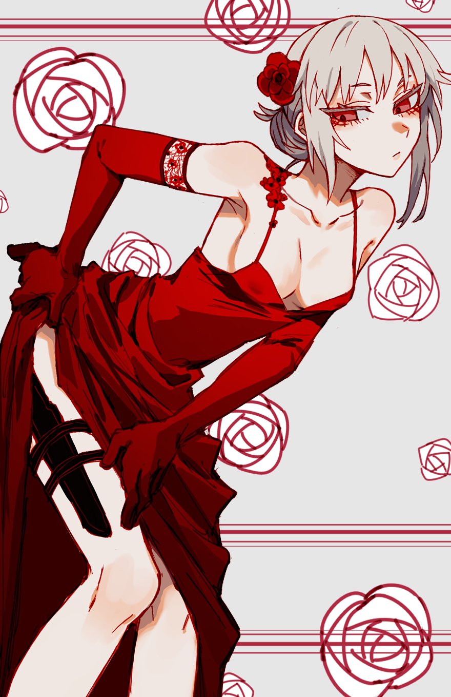 1girl breasts buttoniris closed_mouth commentary dress elbow_gloves english_commentary flower gloves grey_hair hair_flower hair_ornament hidden_weapon highres leaning_forward long_dress medium_breasts original red_dress red_eyes red_flower red_gloves red_rose rose scabbard sheath side_slit solo standing two_(buttoniris)