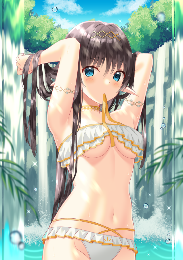1girl bikini blue_eyes blush breasts brown_hair choker droplets elf feet_out_of_frame frilled_bikini frills groin holding holding_hair long_hair looking_at_viewer medium_breasts mouth_hold navel original pointy_ears ribbon ribbon_in_mouth solo sparkle swimsuit toujou_mina tree under_boob very_long_hair water white_bikini yellow_ribbon