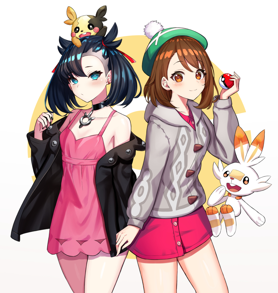 2girls aqua_eyes asymmetrical_bangs bangs black_choker black_hair black_jacket blush brown_eyes brown_hair cardigan choker commentary_request dress earrings gen_8_pokemon green_headwear grey_cardigan hair_ribbon hat holding holding_poke_ball jacket jewelry long_sleeves looking_at_viewer making-of_available mary_(pokemon) medium_hair morpeko morpeko_(full) multiple_girls on_head open_clothes pink_dress poke_ball poke_ball_(basic) pokemon pokemon_(creature) pokemon_(game) pokemon_on_head pokemon_swsh red_ribbon ribbon scorbunny smile starter_pokemon tam_o'_shanter tasuku_(user_fkzv3343) twintails yuuri_(pokemon)