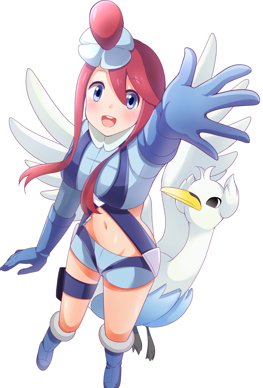 1girl :d arisu_(mikannjs) arm_up bangs belt blue_belt blue_eyes blue_footwear blue_gloves blue_jacket blue_shorts blush boots breasts commentary crop_top elbow_gloves eyebrows_visible_through_hair foreshortening fuuro_(pokemon) gen_5_pokemon gloves groin gym_leader hair_between_eyes hair_ornament highres holster jacket knee_boots large_breasts long_hair looking_at_viewer midriff navel open_mouth pilot_suit pokemon pokemon_(creature) pokemon_(game) pokemon_bw redhead short_shorts shorts sidelocks simple_background smile solo_focus standing standing_on_one_leg swanna thigh_holster upper_teeth white_background