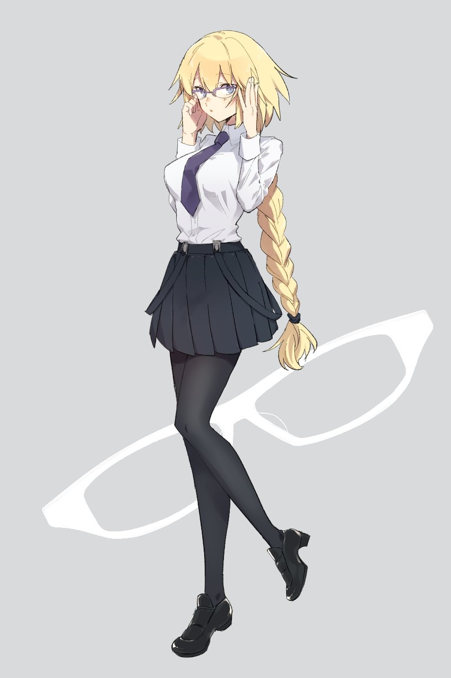 1girl alternate_costume belt black_legwear black_skirt blonde_hair blue_eyes boots braid breasts collared_shirt fate/apocrypha fate/grand_order fate_(series) glasses grey_background hands_on_eyewear high_heel_boots high_heels highres jeanne_d'arc_(fate) kabutomushi_s large_breasts long_braid long_hair looking_at_viewer necktie pantyhose pleated_skirt purple_necktie shirt skirt solo standing standing_on_one_leg white_shirt