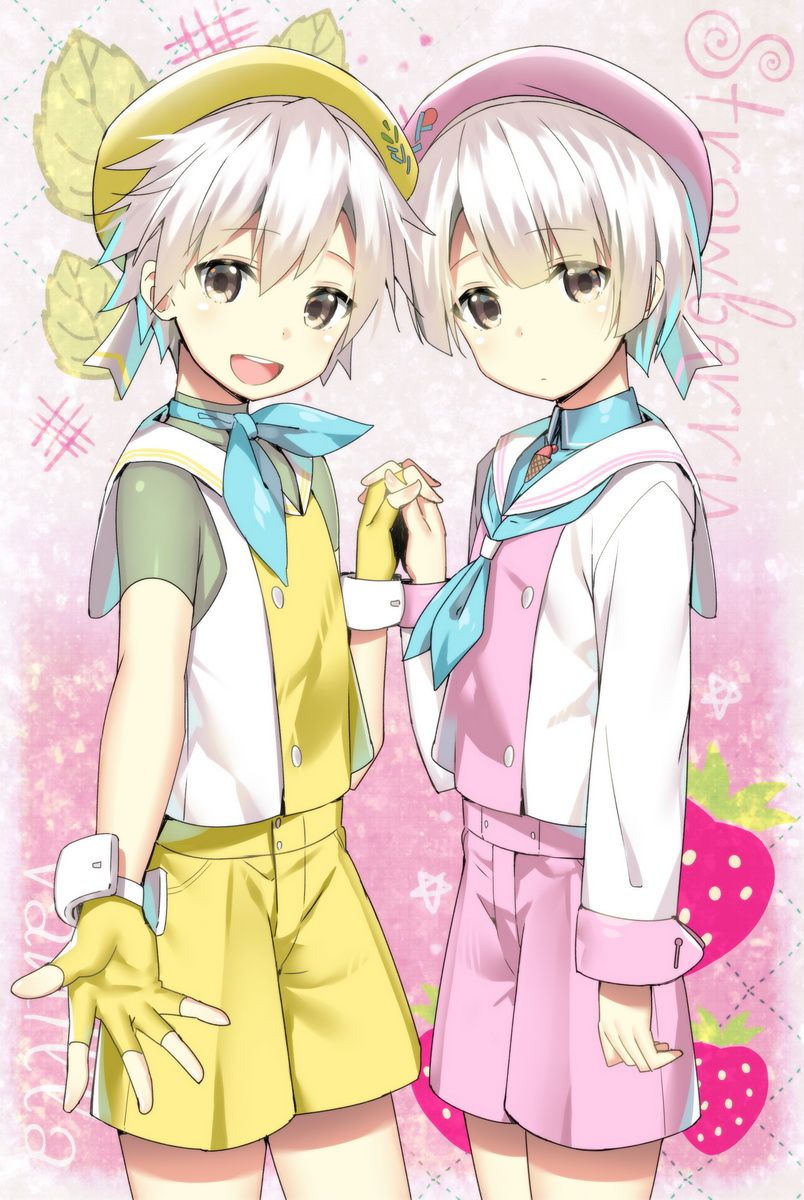 2boys brothers double_scoop_(food_fantasy) fingerless_gloves food_fantasy gloves hat highres holding_hands multiple_boys pink_eyes sailor_collar sailor_hat short_hair shorts siblings smile strawberry_(food_fantasy) vanilla_(food_fantasy) white_hair yellow_eyes