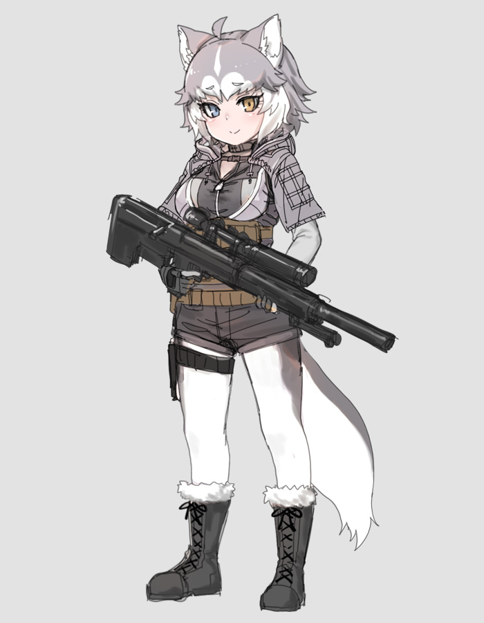 1girl ahoge black_footwear blue_eyes blush boots breasts brown_eyes closed_mouth cross-laced_footwear dog_(mixed_breed)_(kemono_friends) eyebrows_visible_through_hair full_body grey_background grey_hair gun heterochromia holding holding_gun holding_weapon kemono_friends lace-up_boots large_breasts looking_at_viewer multicolored_hair nyifu pantyhose rifle short_hair simple_background smile sniper_rifle sniper_scope solo standing two-tone_hair weapon white_hair white_legwear