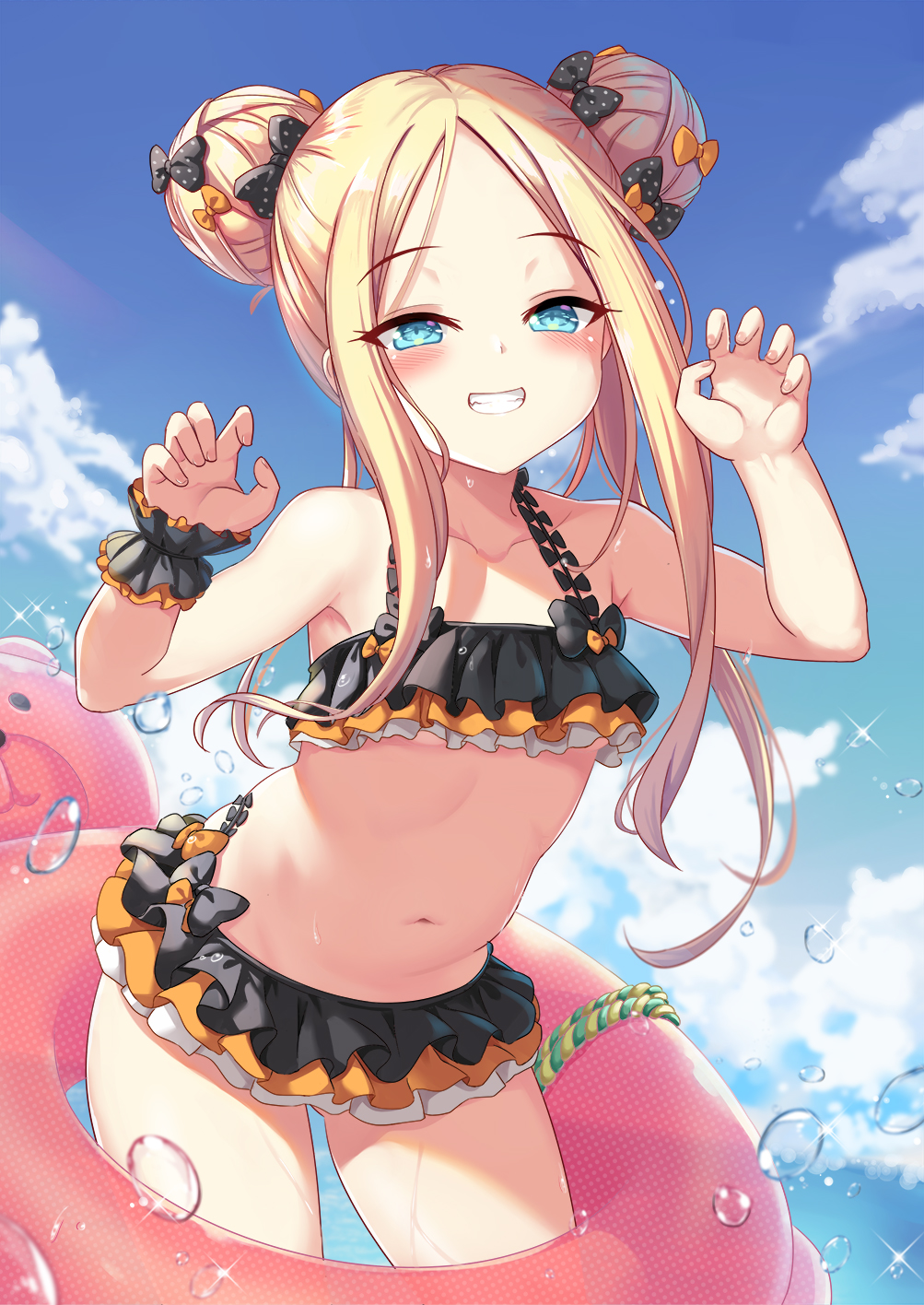 1girl abigail_williams_(fate/grand_order) ass_visible_through_thighs bangs bare_shoulders bikini black_bikini black_bow black_skirt blonde_hair blue_eyes blue_sky blush bow breasts collarbone double_bun emerald_float fate/grand_order fate_(series) forehead frilled_bikini frills grin highres innertube long_hair looking_at_viewer microskirt multiple_bows navel orange_bow parted_bangs polka_dot polka_dot_bow shimokirin sidelocks skirt sky small_breasts smile swimsuit thighs water_drop wet