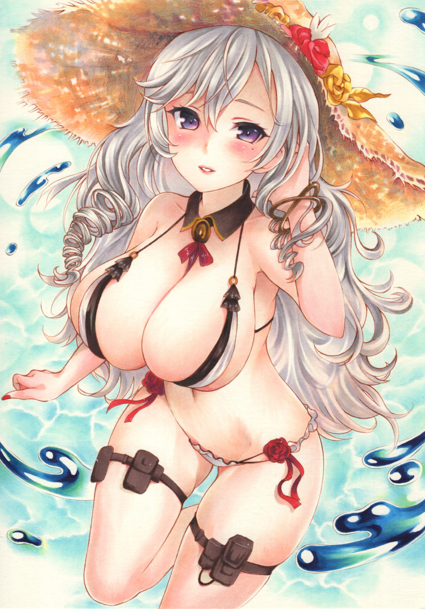 1girl algerie_(azur_lane) algerie_(white_sand_angel)_(azur_lane) azur_lane bikini blush breasts brown_bikini drill_hair flower hand_in_hair hat hat_flower highres large_breasts long_hair marker_(medium) mole mole_under_eye multi-strapped_bikini multiple_straps o-ring o-ring_top saya_pr skindentation solo straw_hat sun_hat swimsuit thigh_strap traditional_media twin_drills two-tone_bikini violet_eyes water white_bikini white_hair