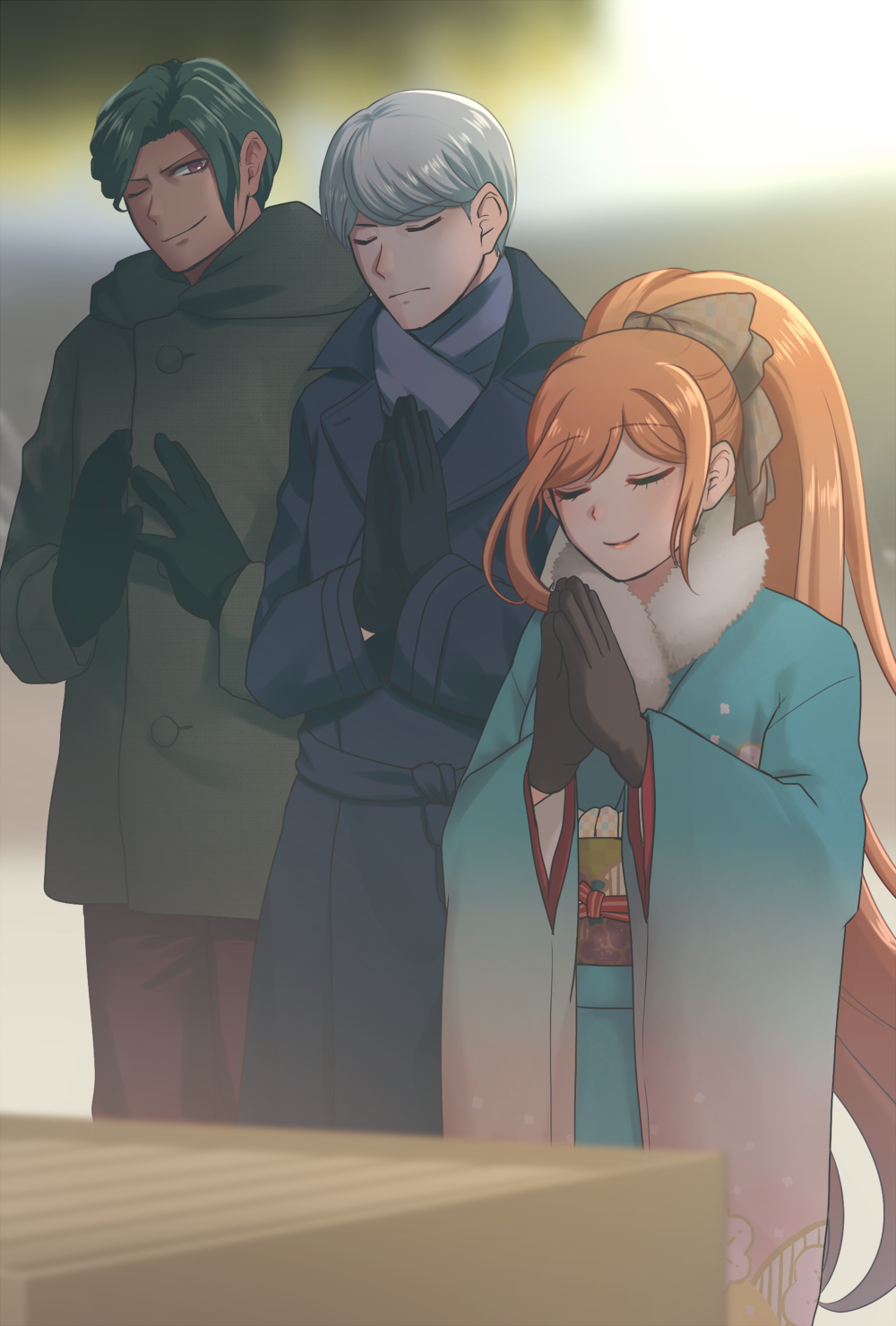 1girl 2boys ;) black_gloves blue_coat blue_kimono blurry blurry_background blurry_foreground bow brown_bow brown_hair closed_mouth coat dangan_ronpa dangan_ronpa_3 fur-trimmed_kimono fur_trim gloves gradient_sleeves green_coat green_hair grey_scarf hair_bow hair_intakes highres japanese_clothes kimono long_hair multiple_boys munakata_kyousuke obi one_eye_closed pants praying red_eyes red_pants sakakura_juuzou sash scarf shiny shiny_hair silver_hair sketti smile standing very_long_hair winter_clothes winter_coat yukata yukizome_chisa