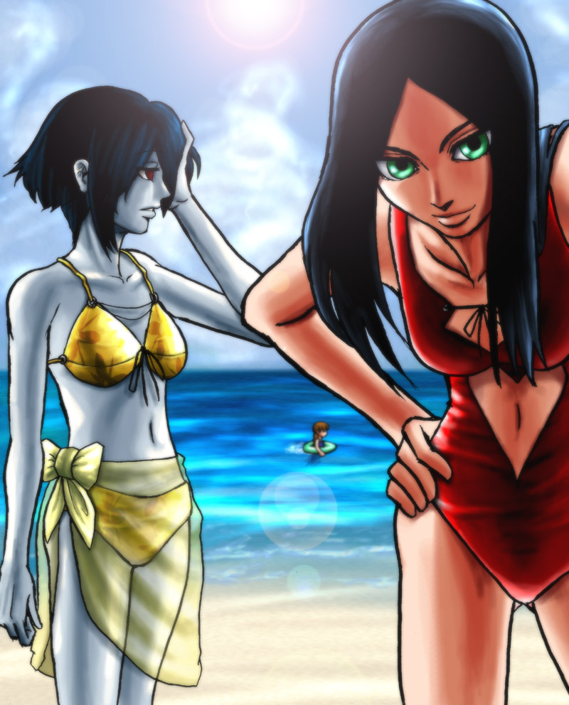 alice:_madness_returns alice_(wonderland) alice_in_wonderland american_mcgee's_alice beach black_hair breasts ceramic_man closed_mouth clouds green_eyes long_hair looking_at_viewer multiple_girls navel smile swimsuit water