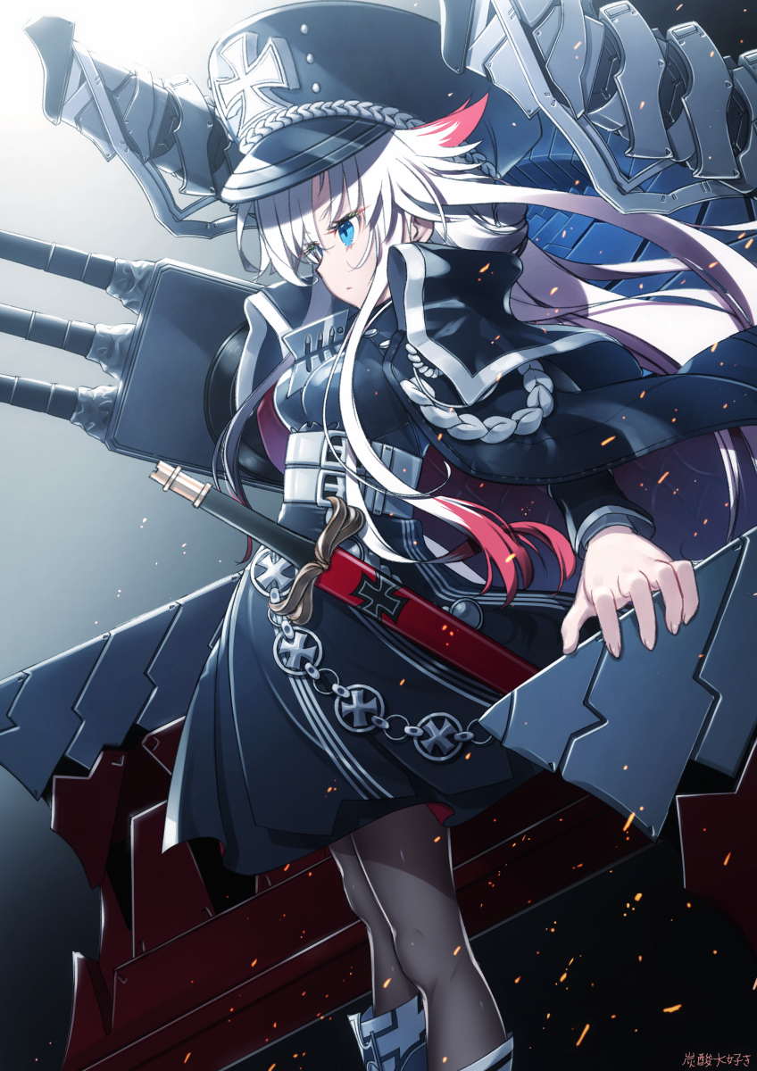1girl aiguillette armor artist_name azur_lane bangs black_coat black_dress black_footwear black_legwear blue_eyes boots breastplate breasts coat coat_on_shoulders commentary_request cowboy_shot dress floating_hair hair_between_eyes hat highres iron_cross knee_boots light_particles long_hair long_sleeves looking_to_the_side medium_breasts military_hat multicolored_hair odin_(azur_lane) open_clothes open_coat pantyhose peaked_cap profile redhead rigging sheath sheathed sidelocks simple_background solo standing streaked_hair sword tansan_daisuki turret underbust weapon white_hair