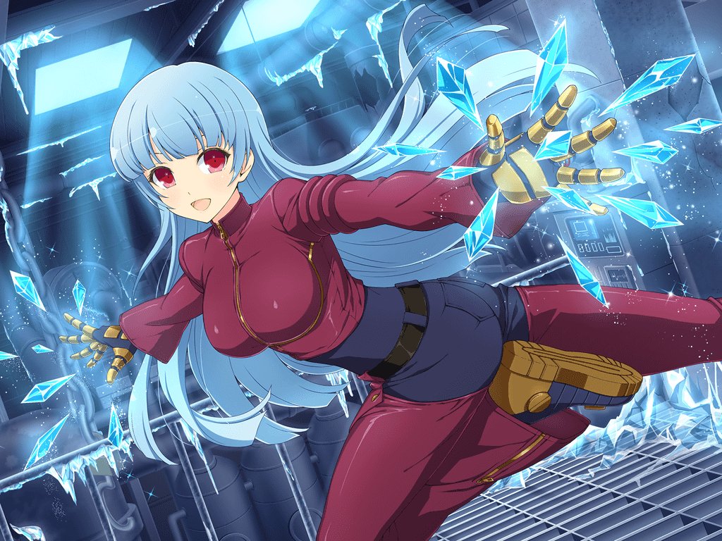 1girl bangs belt blue_hair bodysuit breasts factory gloves ice kula_diamond long_hair looking_at_viewer medium_breasts official_art senran_kagura senran_kagura_new_wave smile the_king_of_fighters violet_eyes yaegashi_nan