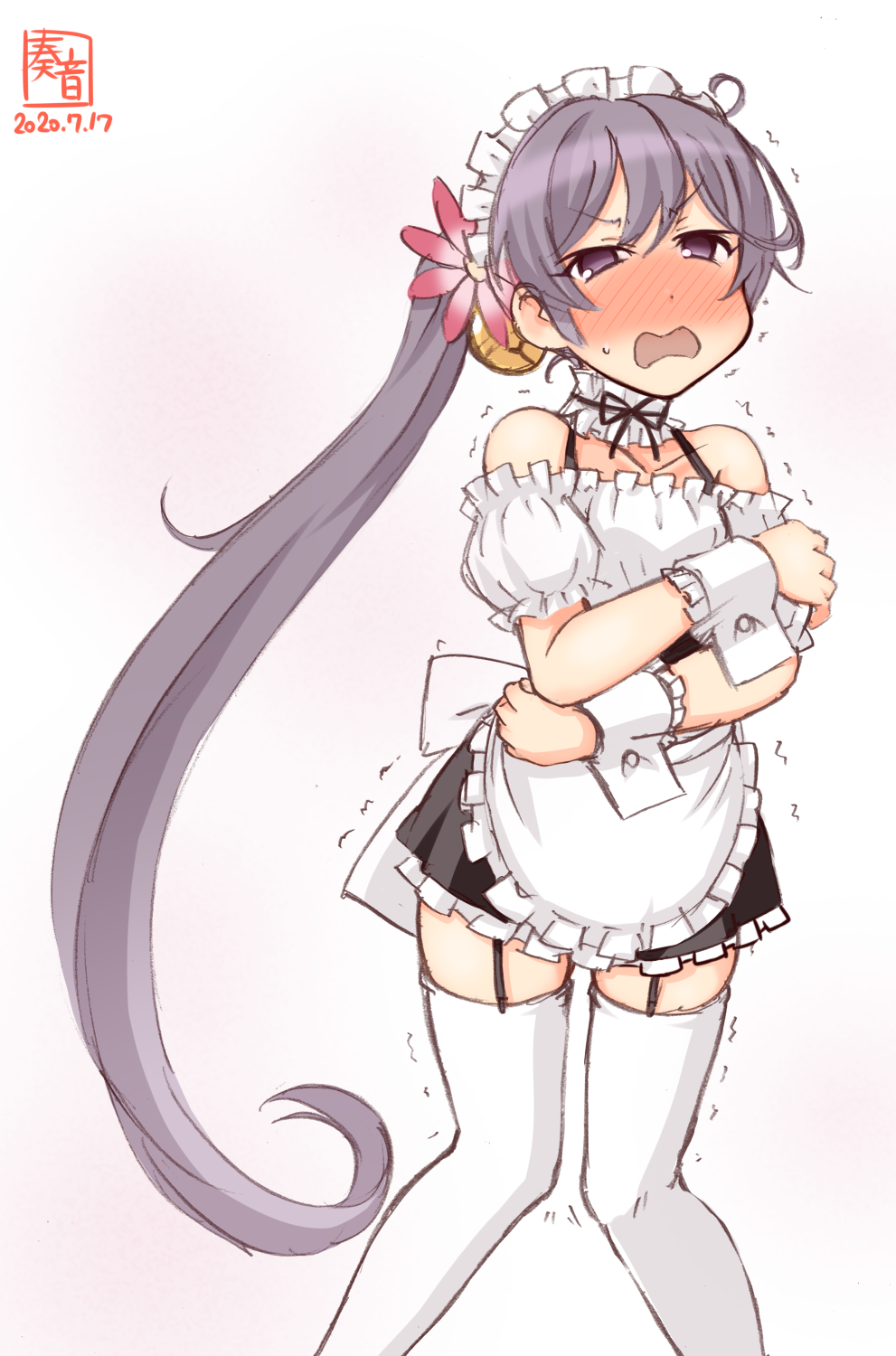 1girl akebono_(kantai_collection) alternate_costume apron artist_logo bell black_skirt blouse blush commentary_request dated detached_collar embarrassed enmaided feet_out_of_frame flower frilled_apron frilled_blouse frills garter_straps hair_bell hair_flower hair_ornament highres jingle_bell kanon_(kurogane_knights) kantai_collection long_hair looking_at_viewer maid maid_headdress nose_blush open_mouth purple_hair side_ponytail simple_background skirt solo suspender_skirt suspenders thigh-highs trembling very_long_hair violet_eyes waist_apron white_apron white_background white_blouse white_legwear wrist_cuffs