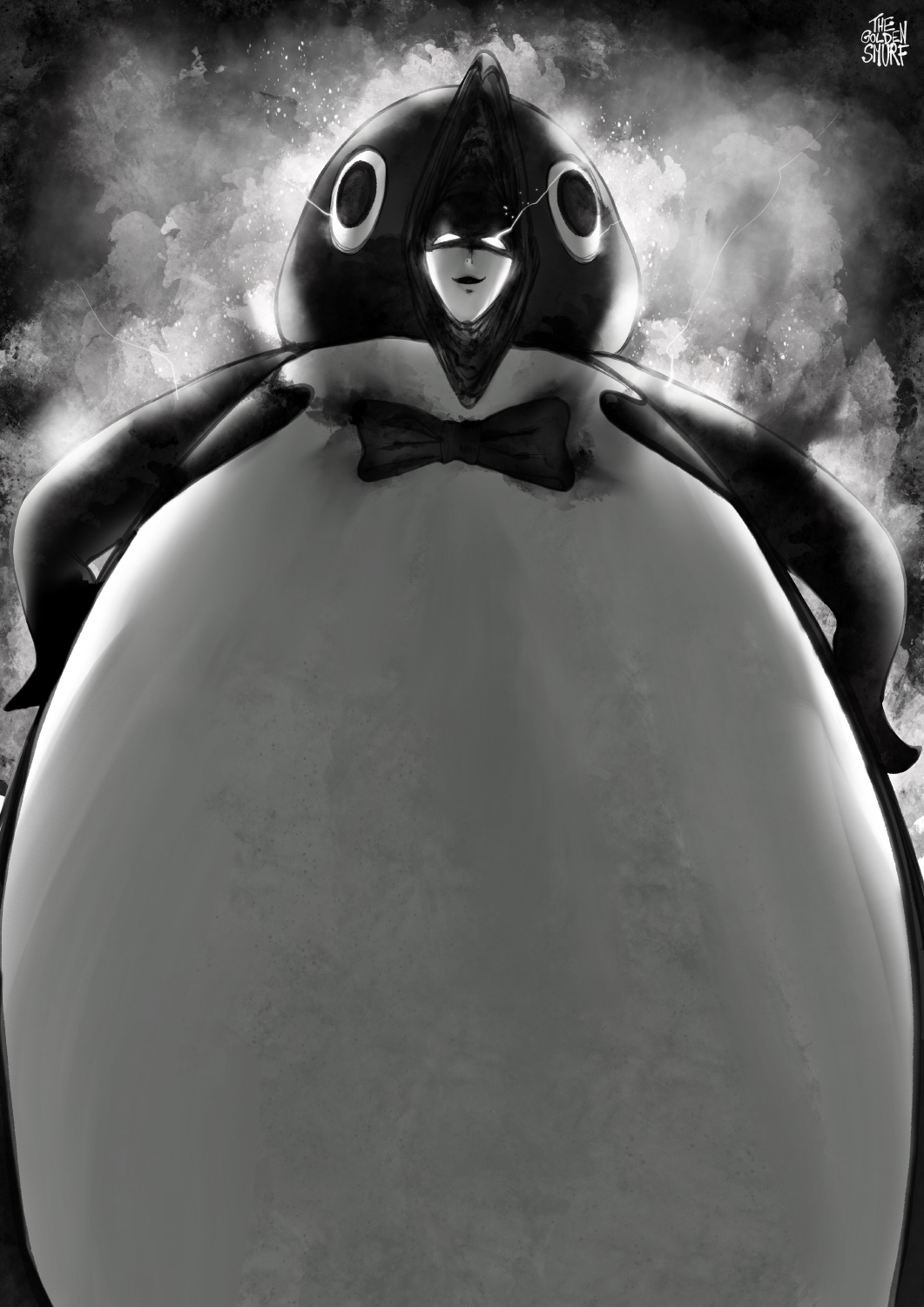 1boy animal_costume bow bowtie glowing glowing_eyes greyscale grin highres looking_at_viewer mask monochrome one-punch_man penguin_costume phoenix_man_(opm) signature smile solo standing the_golden_smurf