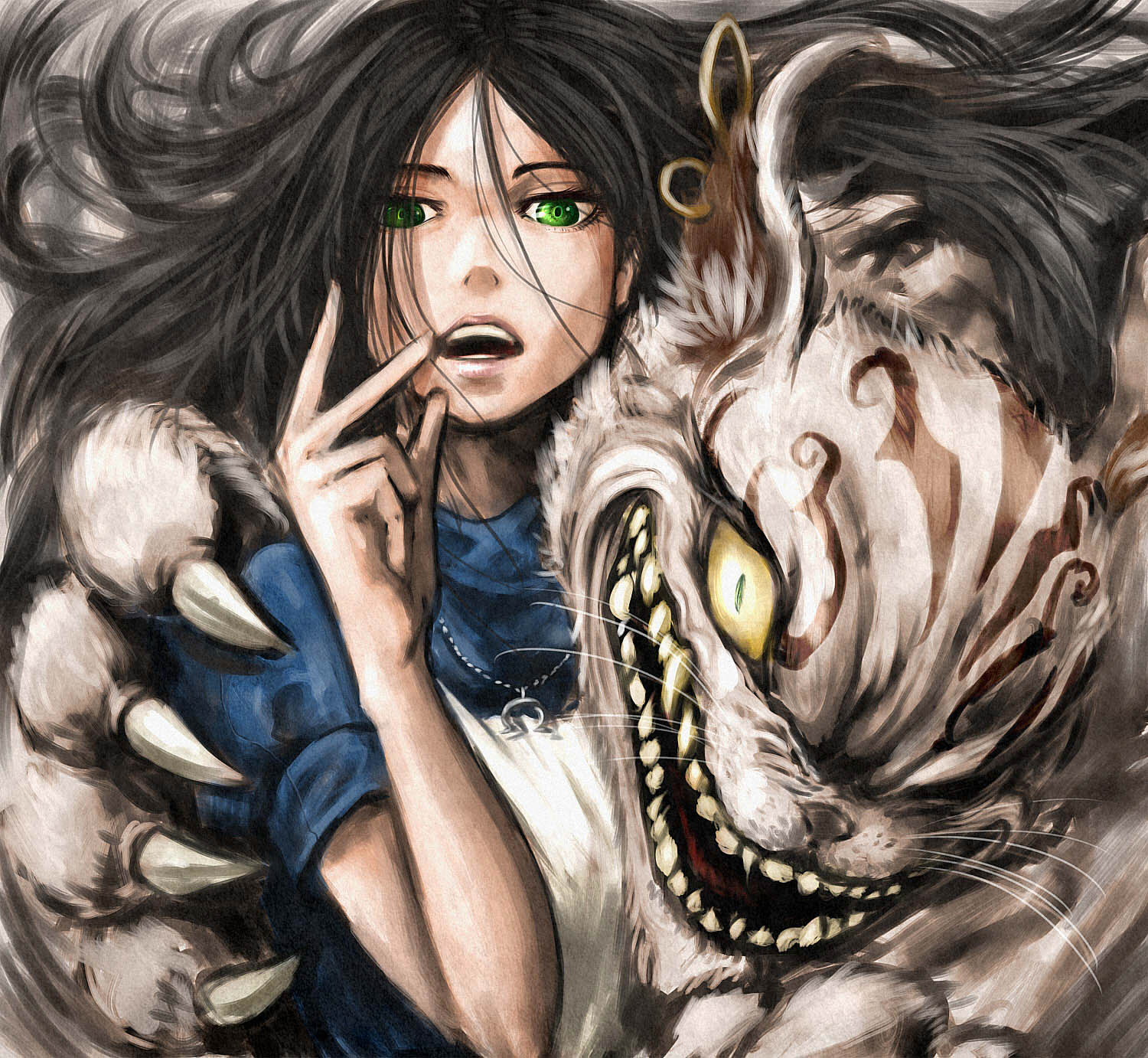 1girl alice:_madness_returns alice_(wonderland) alice_in_wonderland american_mcgee's_alice animal_ears apron black_hair cat_ears ceramic_man cheshire_cat dress earrings green_eyes highres jewelry long_hair looking_at_viewer necklace open_mouth smile