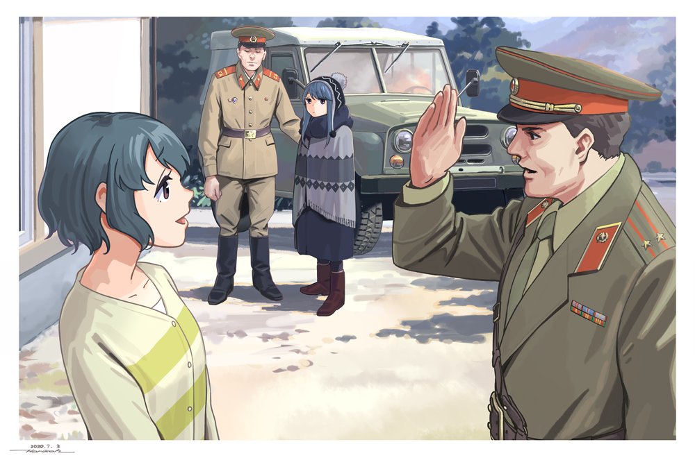 2boys 2girls :d beanie blue_hair boots border brown_hair car dated eye_contact green_jacket greyscale ground_vehicle hat horikou jacket looking_at_another military military_hat military_jacket military_uniform monochrome motor_vehicle multiple_boys multiple_girls open_mouth outdoors real_life salute shima_rin shima_saki signature smile soldier soviet soviet_army uaz_469 uniform violet_eyes white_border yurucamp