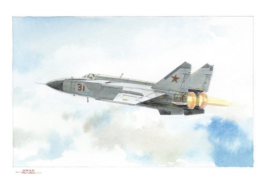 aircraft airplane blue_sky border clouds cloudy_sky dated day fighter_jet flying horikou jet mig-25 military military_vehicle no_humans original outdoors signature sky white_border