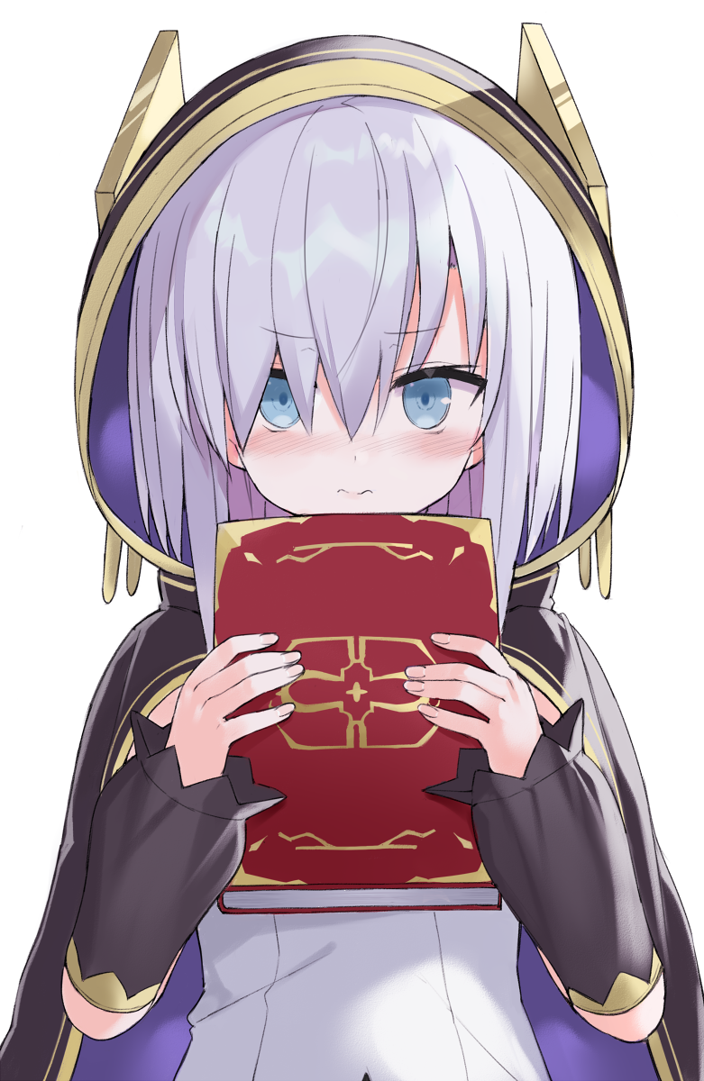 1girl ars_almal bangs black_cape black_sleeves blue_eyes blush book cape closed_mouth commentary_request detached_sleeves eyebrows_visible_through_hair hair_between_eyes hands_up highres holding holding_book hood hood_up hooded_cape kuhotaka long_sleeves looking_at_viewer nijisanji nose_blush puffy_long_sleeves puffy_sleeves shirt silver_hair simple_background solo upper_body v-shaped_eyebrows virtual_youtuber wavy_mouth white_background white_shirt