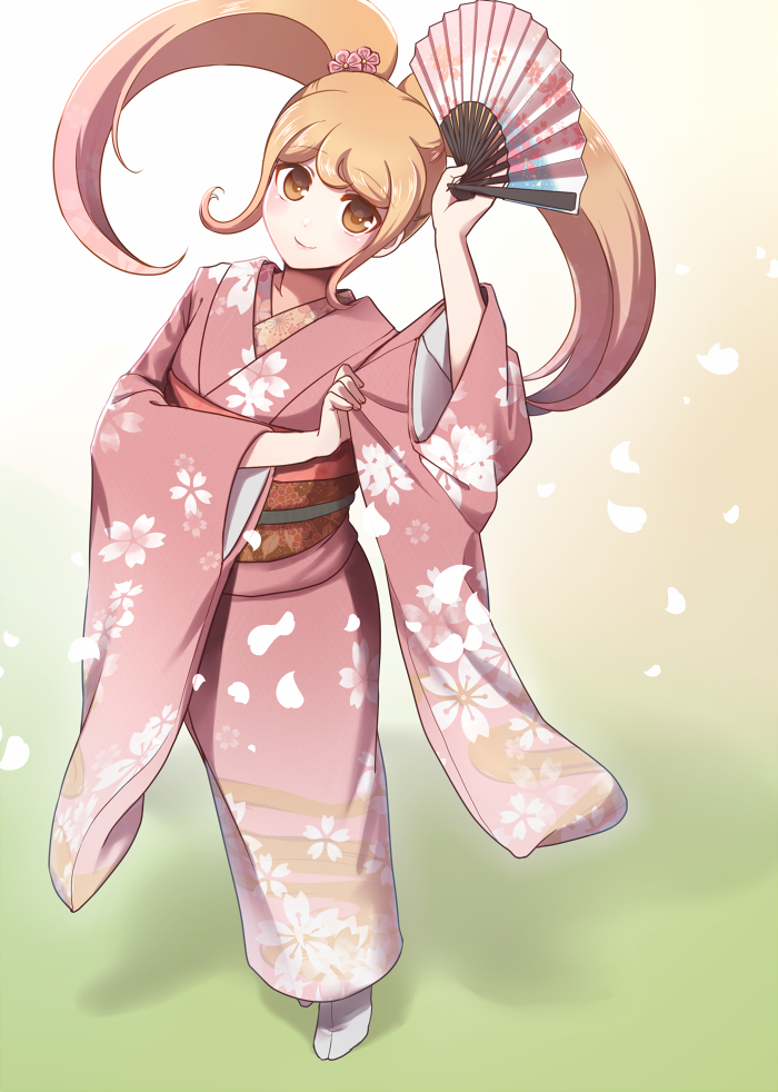 bangs blonde_hair brown_eyes closed_mouth dangan_ronpa eyebrows_visible_through_hair fan floral_print head_tilt holding holding_fan japanese_clothes kimono long_hair long_sleeves looking_at_viewer obi pink_kimono print_kimono saionji_hiyoko sash shiny shiny_hair sketti smile socks super_dangan_ronpa_2 twintails very_long_hair white_background white_legwear wide_sleeves