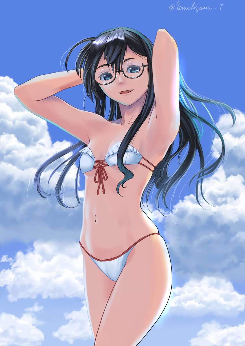 1girl ahoge bikini black_hair blue_sky breasts clouds commentary_request cowboy_shot front-tie_top green_eyes hairband highres kantai_collection long_hair looking_at_viewer ooyodo_(kantai_collection) sky small_breasts solo swimsuit twitter_username urushizawa_takayuki white_bikini