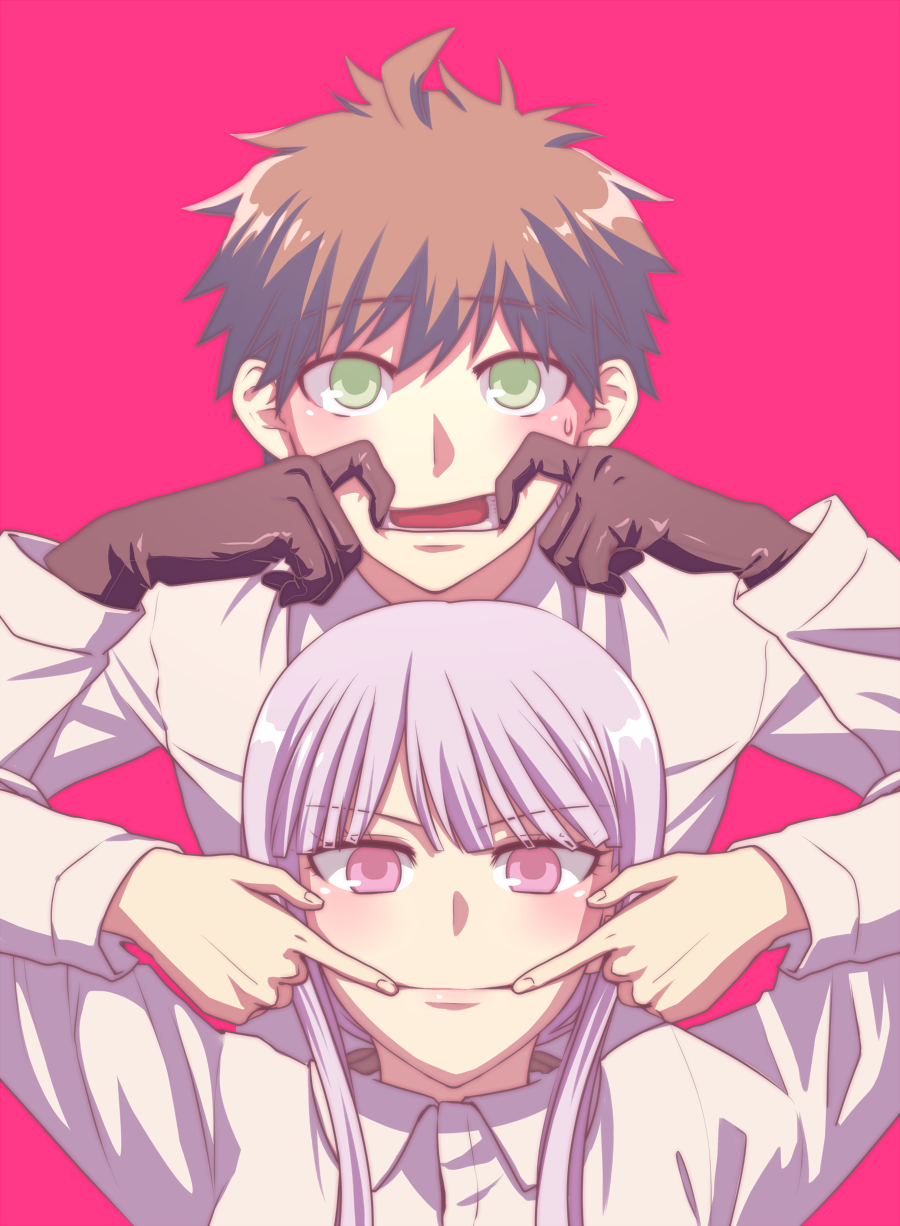 bangs black_gloves brown_hair closed_mouth collared_shirt dangan_ronpa dangan_ronpa_1 dress_shirt eyebrows_visible_through_hair gloves green_eyes hair_between_eyes highres index_finger_raised kirigiri_kyouko long_hair long_sleeves looking_at_viewer naegi_makoto open_mouth pink_eyes red_background shiny shiny_hair shirt silver_hair simple_background sketti smile sweatdrop upper_body white_shirt wing_collar