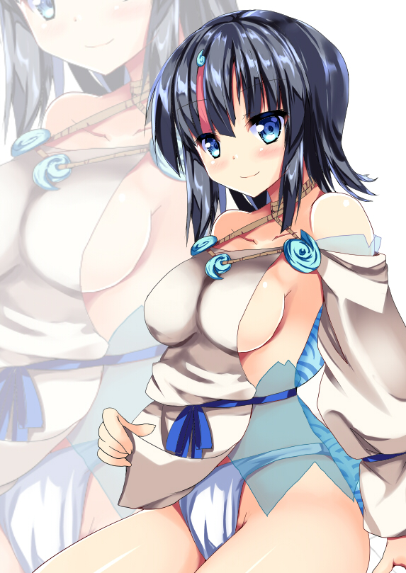 1girl bangs bare_shoulders black_hair blue_eyes blue_ribbon blush breasts closed_mouth collarbone dress fate/grand_order fate/requiem fate_(series) fundoshi japanese_clothes jewelry large_breasts long_sleeves looking_at_viewer magatama magatama_hair_ornament medium_hair multicolored_hair necklace pelvic_curtain pink_hair puffy_long_sleeves puffy_sleeves ribbon ryokushiki_(midori-ya) short_dress sideboob sideless_outfit sitting smile streaked_hair thighs utsumi_erise white_dress