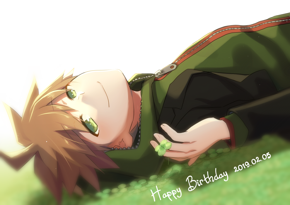 1boy 2019 black_jacket brown_hair cardigan closed_mouth clover dangan_ronpa dangan_ronpa_1 dated green_cardigan green_eyes half-closed_eyes happy_birthday hooded_cardigan jacket long_sleeves male_focus naegi_makoto open_clothes open_jacket shiny shiny_hair simple_background sketti smile solo spiky_hair white_background zipper
