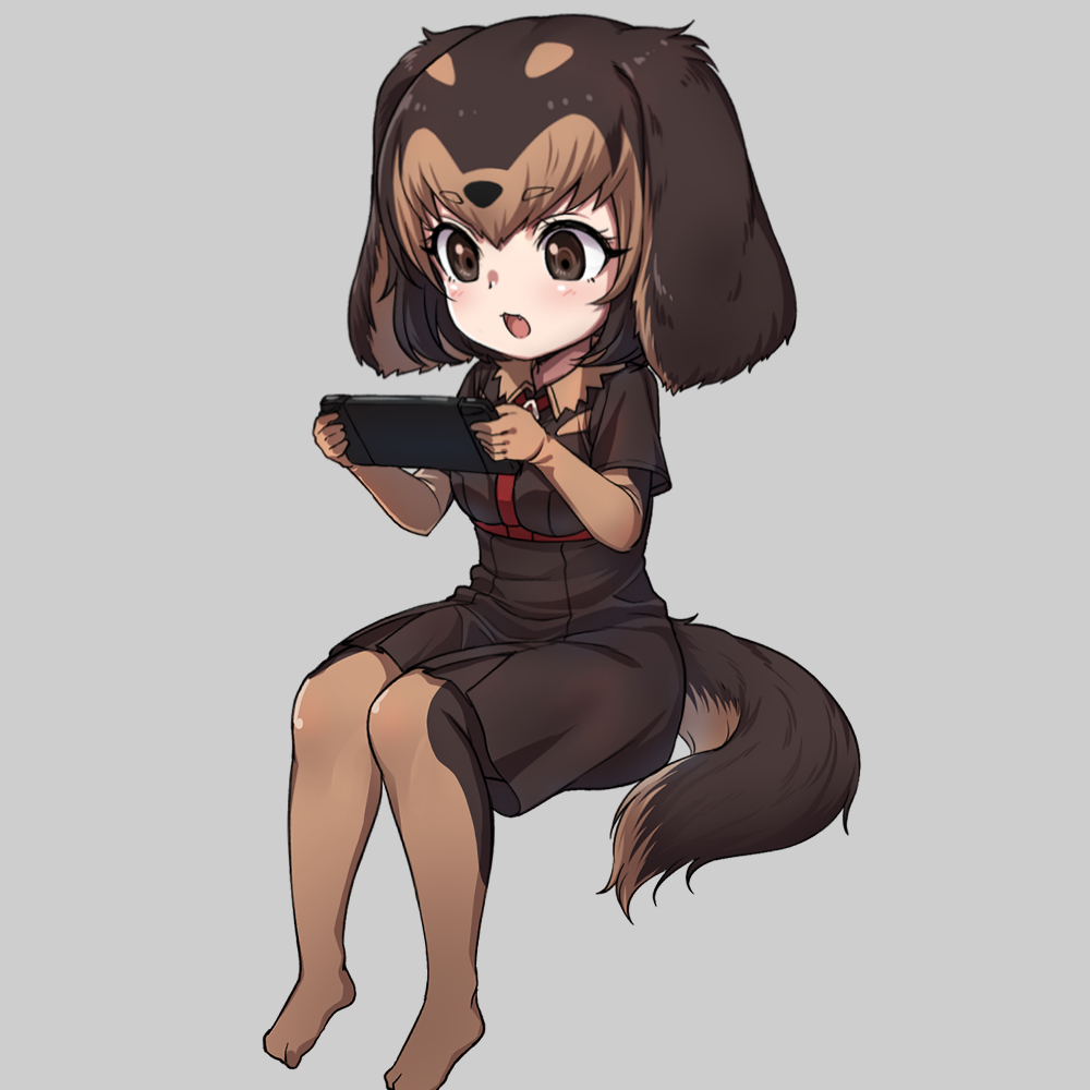 1girl animal_ears blush brown_eyes brown_gloves brown_hair brown_legwear brown_shirt brown_skirt collar collared_shirt dachshund_(kemono_friends)_(nyifu) dog_ears dog_girl dog_tail elbow_gloves eyebrows_visible_through_hair fangs frilled_collar frills gloves harness kemono_friends multicolored_hair nintendo_switch no_shoes nyifu open_mouth original pantyhose pleated_skirt shirt short_sleeves sitting skirt solo tail two-tone_hair