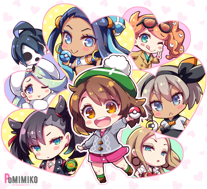 1boy 6+girls :&gt; :&lt; :d :q ahoge aqua_eyes artist_name asymmetrical_bangs bangs black_choker black_hair black_hairband black_jacket blue_eyes blush bodysuit bodysuit_under_clothes brown_eyes brown_hair cardigan chibi choker coat commentary_request dress earrings eyewear_on_head fur_hat green_eyes green_headwear grey_cardigan grey_hair gym_leader hair_between_eyes hair_bun hair_ornament hair_ribbon hairband hat heart heart_hair_ornament holding hoop_earrings jacket jewelry lipstick long_hair long_sleeves looking_at_viewer makeup mary_(pokemon) mask mature medium_hair melon_(pokemon) multicolored_hair multiple_girls necklace olive_(pokemon) one_eye_closed onion_(pokemon) open_clothes open_mouth orange_hair pink_dress poke_ball poke_ball_(basic) pokemon pokemon_(game) pokemon_swsh pomimiko red_ribbon ribbon rurina_(pokemon) saitou_(pokemon) shirt short_hair short_sleeves side_ponytail smile sonia_(pokemon) sunglasses tam_o'_shanter teeth tongue tongue_out twintails two-tone_hair upper_teeth v yuuri_(pokemon)