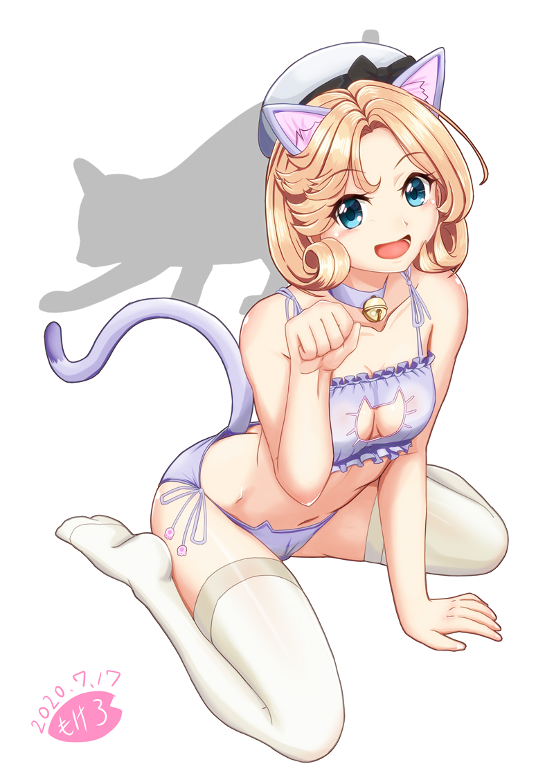 1girl :d animal_ears artist_name bell blonde_hair blue_eyes bra cat_cutout cat_ears cat_tail dated hat janus_(kantai_collection) jingle_bell kantai_collection mokerou open_mouth panties paw_pose purple_bra purple_panties sailor_hat short_hair signature simple_background smile solo tail thigh-highs underwear white_background white_headwear white_legwear