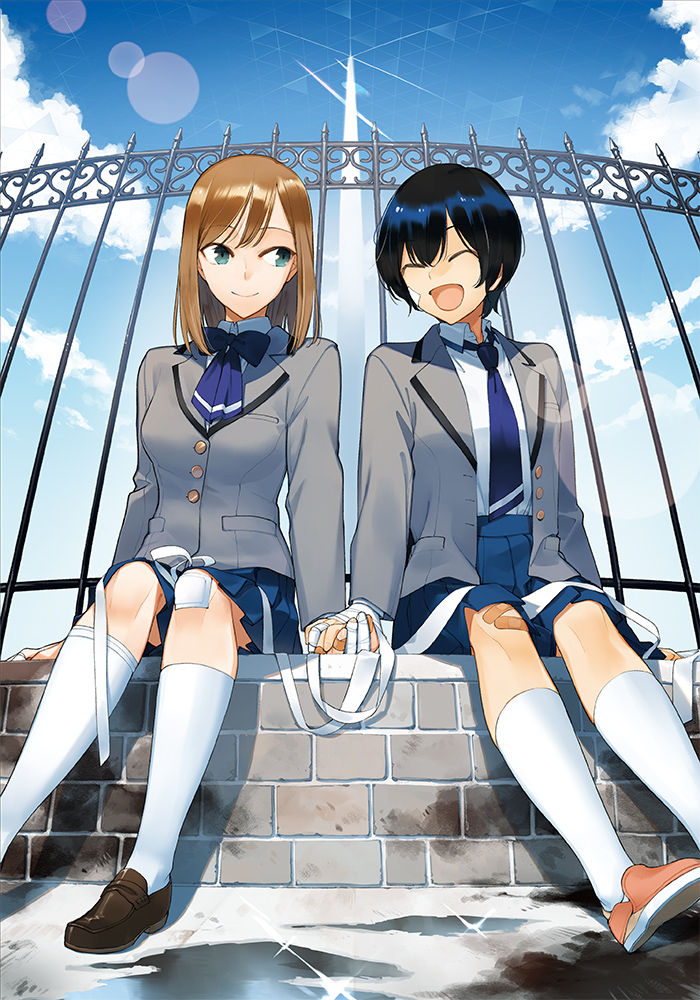 2girls ^_^ bandages bandaid bandaid_on_face bandaid_on_knee closed_eyes clouds cover cover_page holding_hands injury looking_at_another multiple_girls nakatani_nio open_mouth puddle railing school_uniform shadow sitting sky smile white_legwear