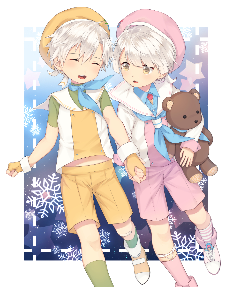 2boys brothers closed_eyes double_scoop_(food_fantasy) fingerless_gloves food_fantasy gloves hat holding holding_hands holding_stuffed_animal multiple_boys pink_eyes sailor_collar sailor_hat short_hair shorts siblings strawberry_(food_fantasy) stuffed_animal stuffed_toy teddy_bear vanilla_(food_fantasy) white_hair