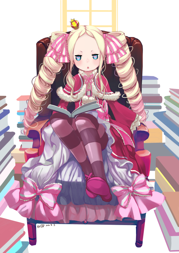 1girl beatrice_(re:zero) blonde_hair blue_eyes bow capelet chair crown dated dress drill_hair full_body fur-trimmed_capelet fur_trim hair_bow indoors kero_sweet long_dress long_hair looking_at_viewer mini_crown neck_ribbon pantyhose pink_ribbon re:zero_kara_hajimeru_isekai_seikatsu red_capelet red_dress red_footwear ribbon signature sitting solo striped striped_bow striped_legwear triangle_mouth twin_drills twintails very_long_hair white_background
