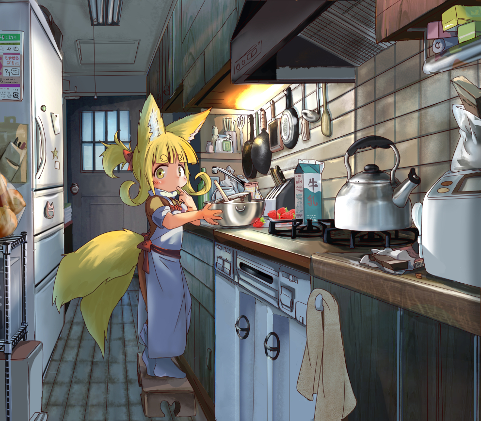 1girl animal_ears apron bangs blonde_hair blunt_bangs contrapposto dishes doitsuken finger_licking fox_child_(doitsuken) fox_ears fox_tail from_side frying_pan indoors kitchen ladle licking looking_at_viewer looking_to_the_side multiple_tails neon_lights original ponytail pot refrigerator short_hair short_sleeves socks solo tail thick_eyebrows two_tails white_apron white_legwear yellow_eyes