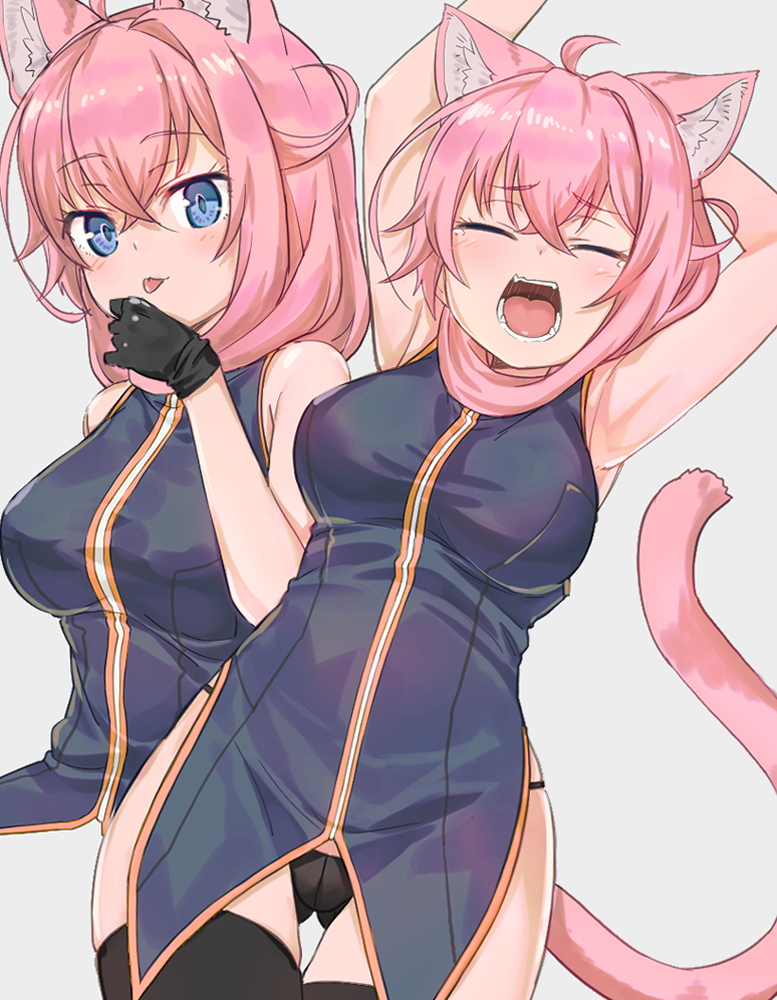 1girl ahoge animal_ears arms_behind_head arms_up black_gloves black_legwear black_panties blue_eyes breasts cat_ears cat_girl cat_tail closed_eyes closed_mouth facing_viewer gloves large_breasts looking_at_viewer medium_hair nyifu open_mouth original panties pink_hair solo tail thigh-highs tongue tongue_out underwear yawning